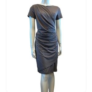 Heine Gray Ruched Sheath Dress with Asymmetrical Neckline and Short Sleeves.